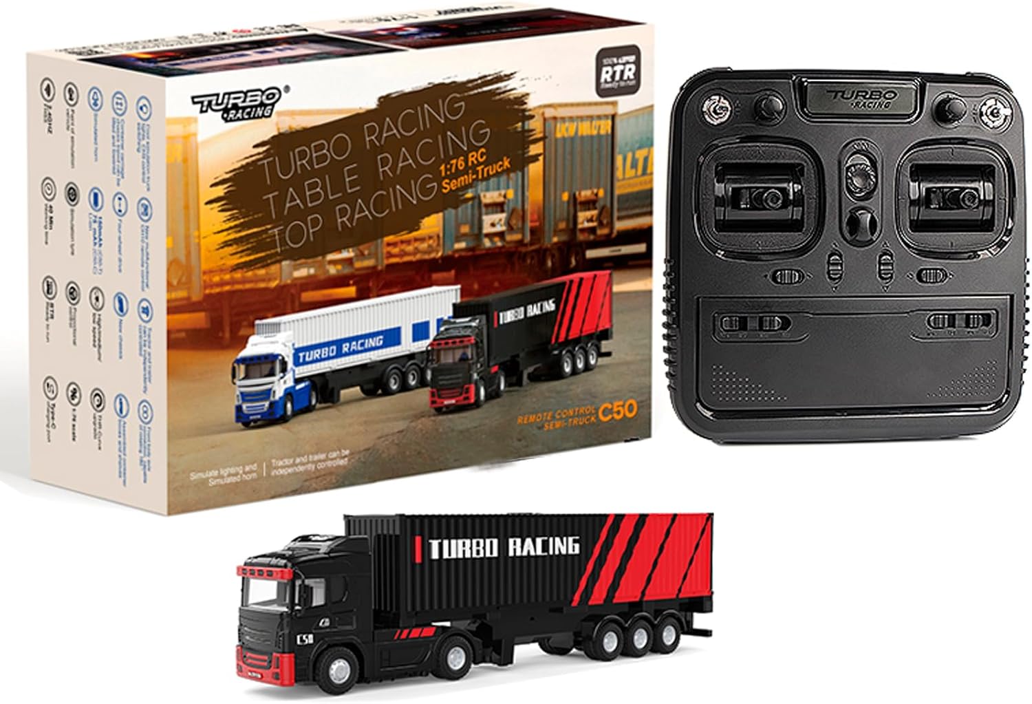 TURBO RACING 1/76 C50 セミトレーラー　フルセット Turbo Racing 1:76 C50 RC Car Semi-Truck - BLACK| HackFab Hobbies